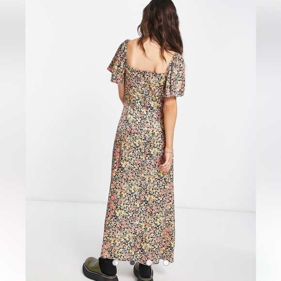 Topshop Satin Floral Sweetheart Midi Dress Black Multi US 10 - Picture 10 of 11